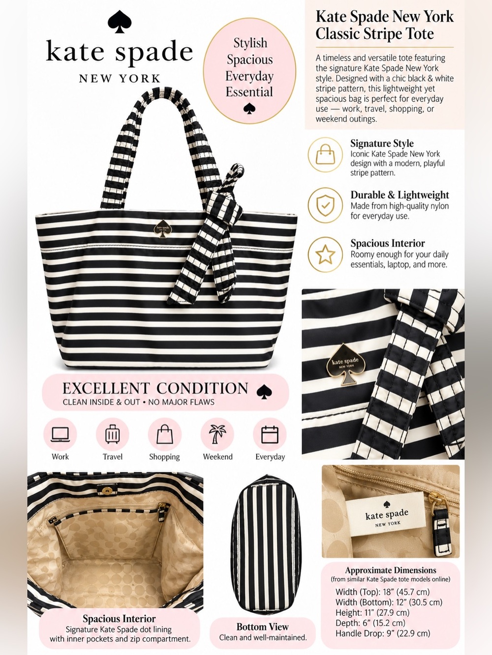 kate spade Black and White Striped Tote with Bow Accent - Picture 7 of 7